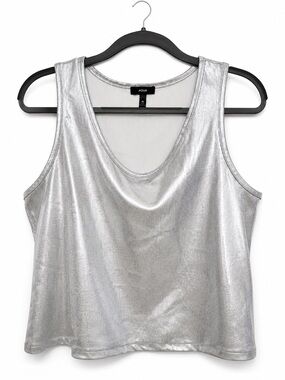 AQUA Metallic Silver Ribbed Tank Top XL Shimmer Stretch Party Top